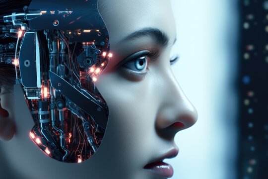 A close-up shot of a woman's face with a robot's head. This image can be used to depict the fusion of human and artificial intelligence or the concept of technology in human society