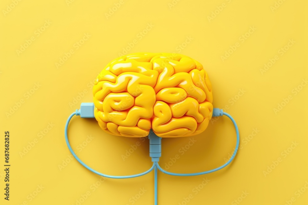 Poster computer mouse connected to a yellow brain. suitable for illustrating concepts related to technology