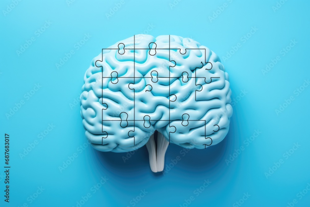 Poster puzzle brain on a blue background. versatile image suitable for various applications