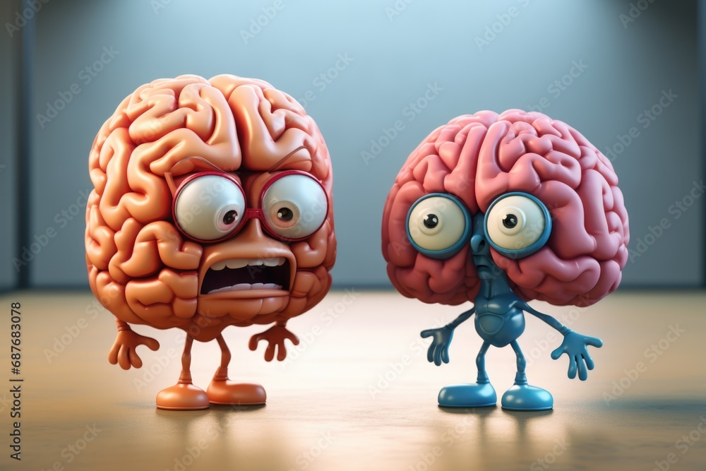 Poster two toy brains placed side by side. suitable for illustrating concepts related to teamwork, collabor