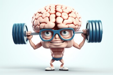 Cartoon brain with glasses lifting a barbell. Suitable for educational materials or health and fitness related content