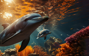 Charming dolphin playing coral reef underwater dreaming sunset hanging water surface. generative ai - obrazy, fototapety, plakaty