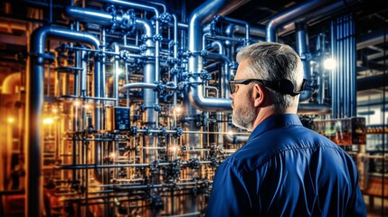 An industrial worker at a refinery, highlighting the complex machinery and safety measures involved in the energy and manufacturing sector