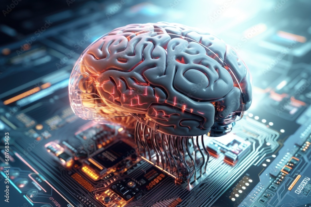 Poster a close-up view of a brain placed on a circuit board. this image can be used to represent concepts r