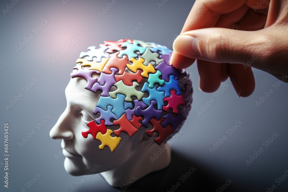 Poster a person placing a puzzle piece in the shape of a head. suitable for illustrating problem-solving, c