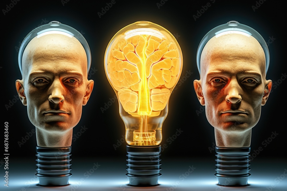 Poster three heads of a man with a light bulb in the shape of a brain.