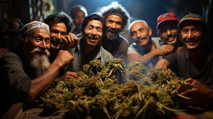 A group of men uses cannabis, illegal narcotic substances made from hemp. Concept: Underground distribution, illegal activities - obrazy, fototapety, plakaty