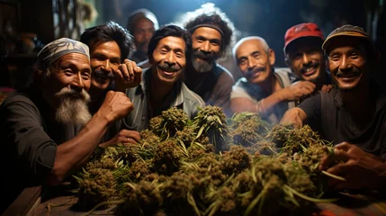 Fotobehang A group of men uses cannabis, illegal narcotic substances made from hemp. Concept: Underground distribution, illegal activities © Marynkka_muis