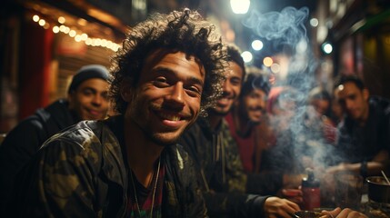 Fototapeta premium A group of men uses cannabis, illegal narcotic substances made from hemp. Concept: Underground distribution, illegal activities