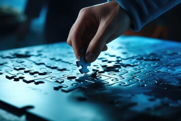 A person placing a puzzle piece. Perfect for illustrating problem-solving or teamwork concepts