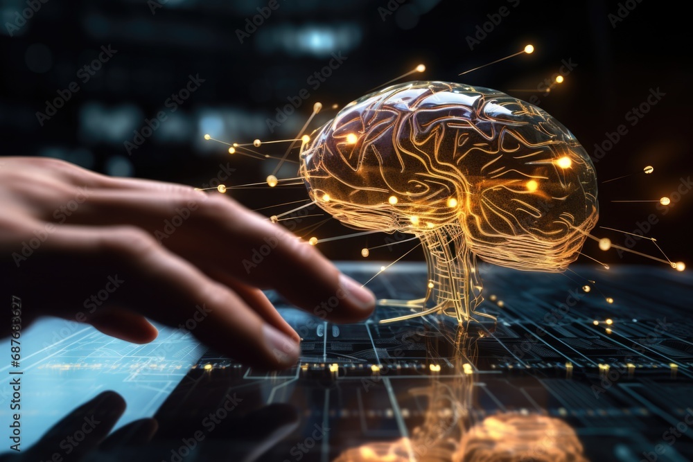 Aufkleber a person is seen touching a computer screen displaying a brain. this image can be used to represent 
