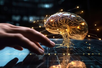 A person is seen touching a computer screen displaying a brain. This image can be used to represent concepts such as technology, neuroscience, artificial intelligence, or medical research