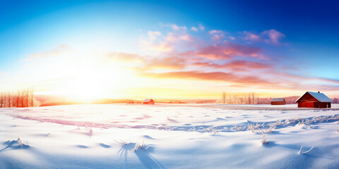 Bright sunrise over snow covered field winter landscape with red cabin buildings