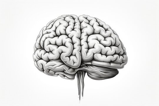 A detailed drawing of a brain on a white background. Can be used for educational purposes or to depict concepts related to intelligence, neuroscience, or medical research
