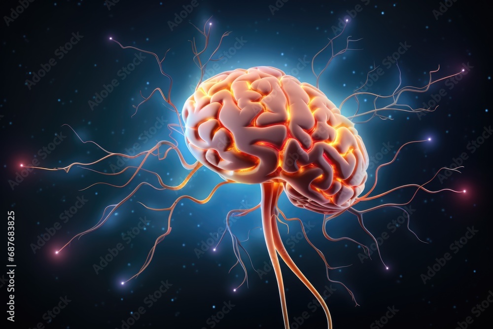 Poster brain with electrical wires coming out of it. can be used to represent artificial intelligence, neur