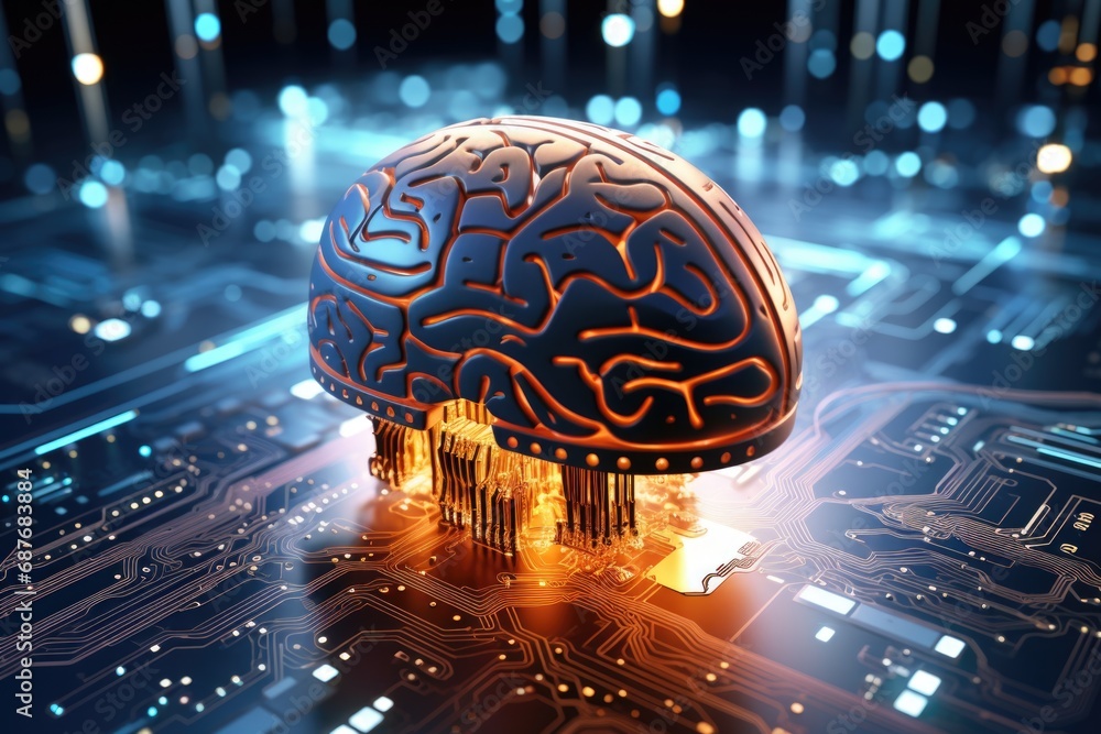 Poster a computer circuit with a brain on top. this image can be used to represent artificial intelligence,