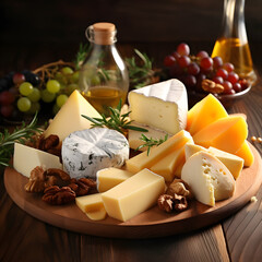 cheese board. pieces of various types of cheese, berries, nuts and honey. snack for wine.