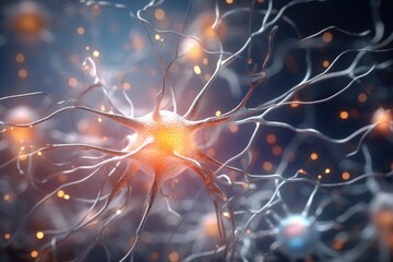 A detailed close-up view of interconnected neurons. This image can be used to illustrate concepts related to neuroscience, brain function, medical research, or education