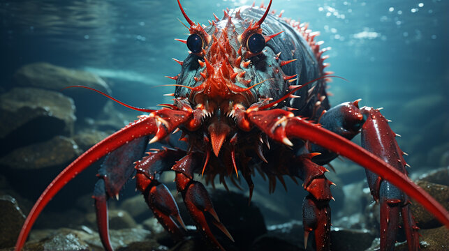 Close up of fresh spiny rock lobster on water. generative ai