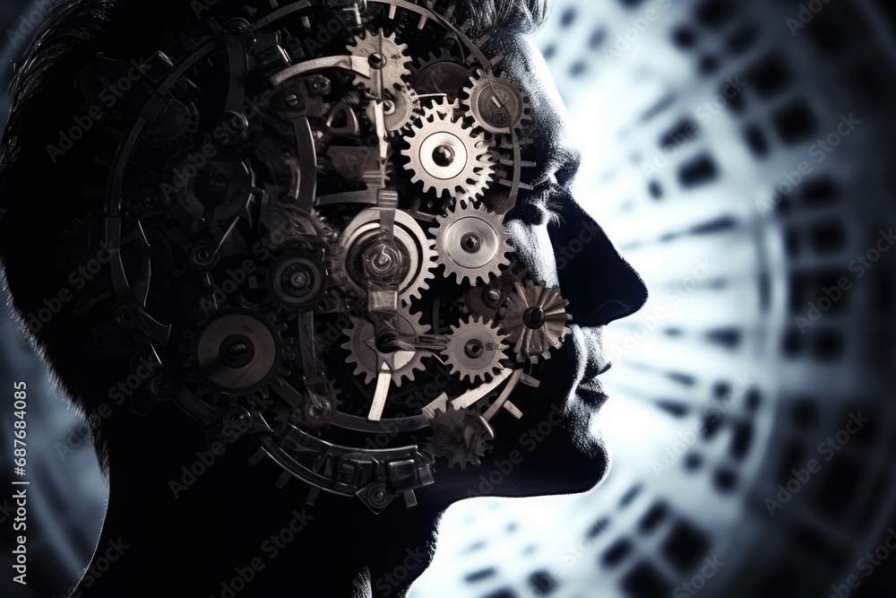 Poster a picture of a man with gears in his head. this image can be used to represent creativity, innovatio