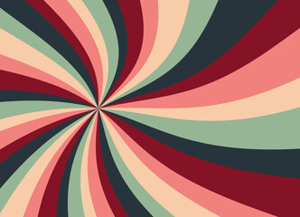 Retro Christmas background in red and green, vintage sunburst or starburst design in red green pink and beige colors, abstract groovy 60s spiral pattern in holiday colors.