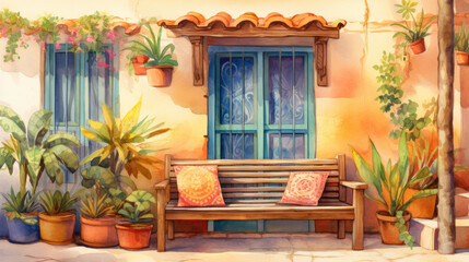Southwestern siesta tuscan style outdoor home scene - obrazy, fototapety, plakaty