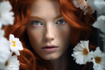 Close-up of a woman with striking red hair and blue eyes peering through white daisies, an intimate portrait of natural beauty and contemplation.