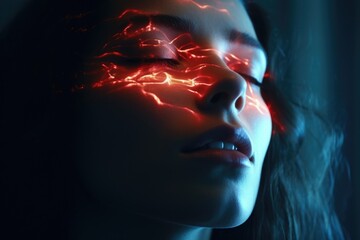 Close up of a woman's face with a glowing eye. Versatile image suitable for various uses
