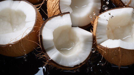 Fresh coconuts with water splashing on a black background, showing the white pulp and the brown husk. A tropical fruit with health benefits and multiple uses. A refreshing summer drink  - obrazy, fototapety, plakaty