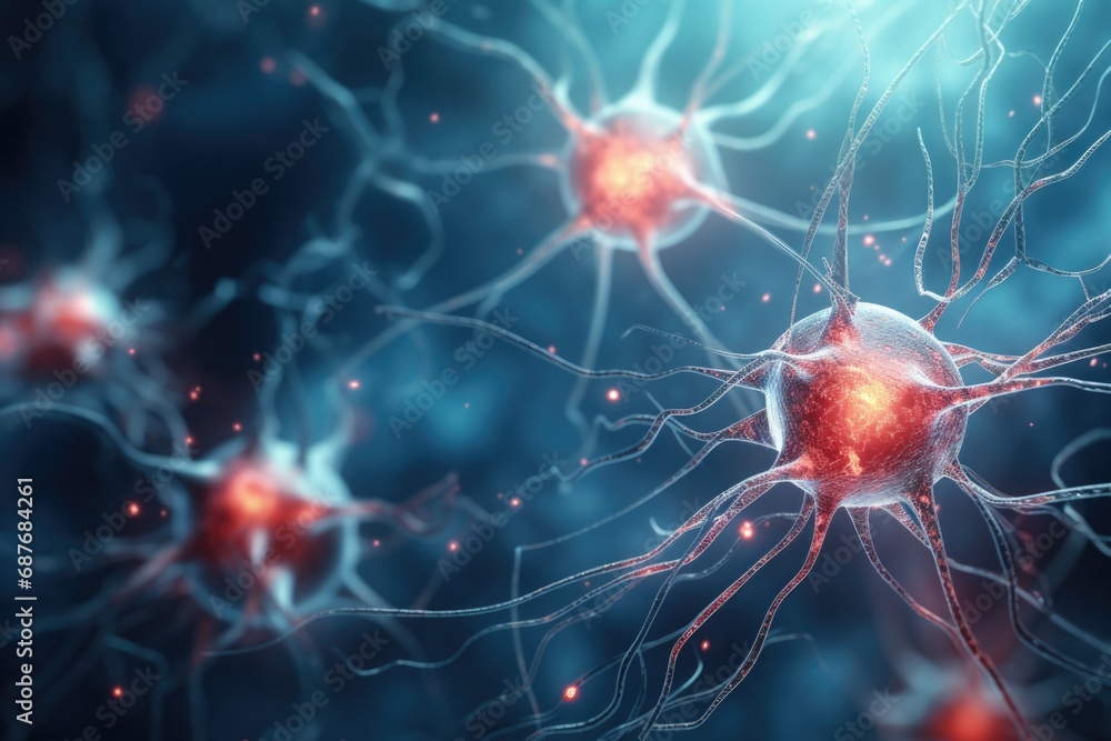 Poster a detailed close up image of interconnected neurons. this image can be used to illustrate concepts r