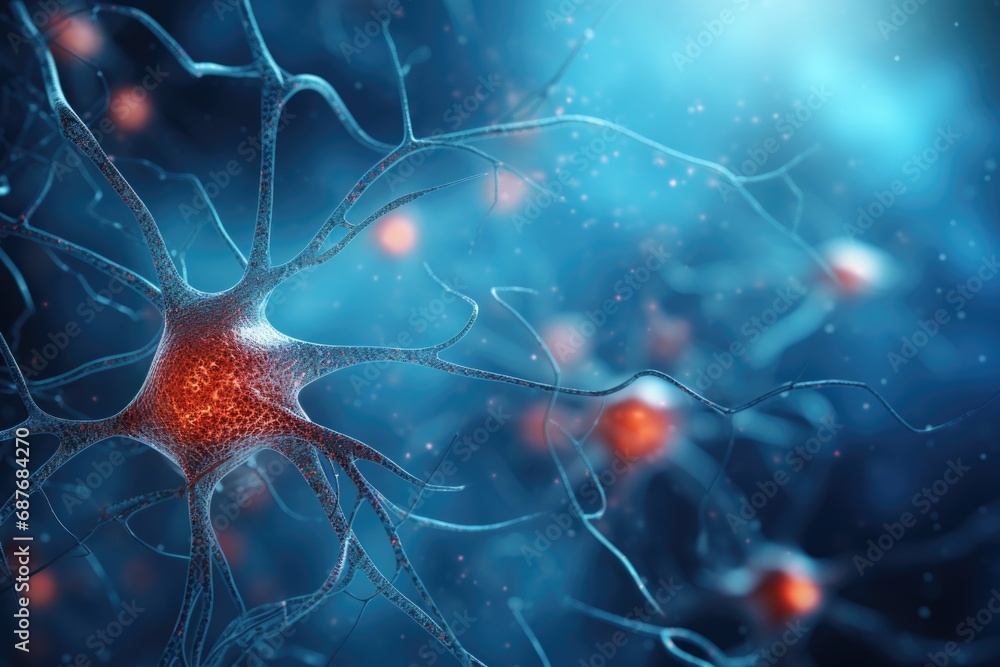 Poster a detailed close-up view of interconnected neurons. this image can be used to illustrate the complex