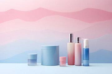 Cosmetic background in pastel pink and blue tones. set of makeup or care products, delicate backdrop.