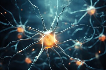 A detailed close-up of interconnected neurons. This image can be used to illustrate concepts related to neuroscience, brain function, and neural networks - obrazy, fototapety, plakaty