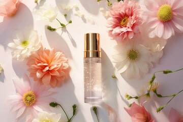 Obraz na płótnie Canvas Bottle of perfume with flowers on white background