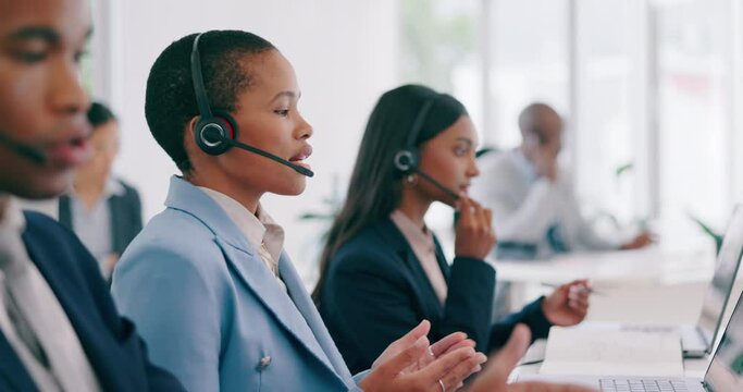 Call center, laptop video call or business black woman consulting on tech support, customer service or help desk. Communication, webinar consultation or telemarketing agent discussion on telecom chat