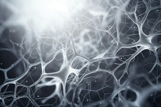 A black and white photo depicting a cluster of neurons. This image can be used to illustrate concepts related to neuroscience, brain function, medical research, and technology advancements