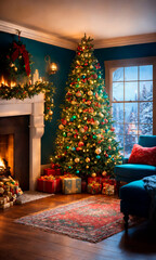 A Christmas tree with lights and toys stands in the room by the window. There are gifts under the tree