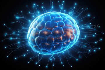 A blue brain surrounded by wires and dots. Can be used to represent technology, artificial intelligence, or neuroscience concepts