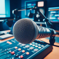 The microphone is large in the radio studio against the background of the remote control and monitors