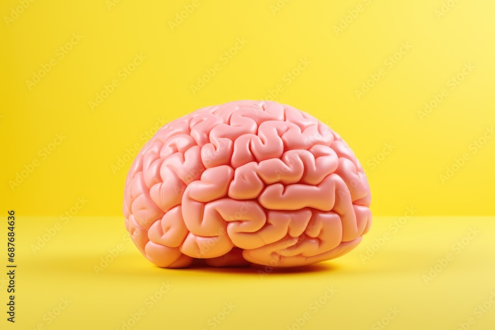 Poster a model of a brain resting on a vibrant yellow surface. suitable for illustrating concepts related t