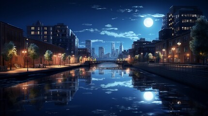 Fototapeta na wymiar The soft glow of city lights reflecting on the calm surface of a midnight river.