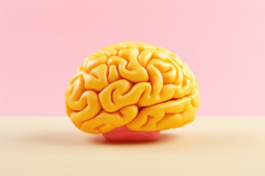 A yellow brain model placed on a vibrant pink surface. This image can be used to depict neuroscience, psychology, or medical concepts