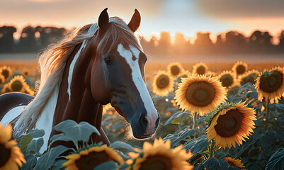 Fototapeta premium Stallion standing in a field of sunflowers at sunset