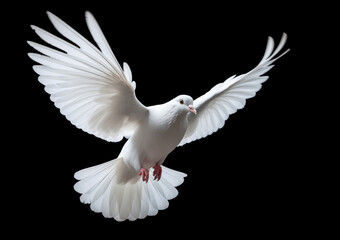 A white dove soaring with wings fully outspread, against a black background, symbolizing purity and the spirit of freedom