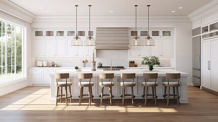 a beautiful white kitchen in a new luxury home, a large island, pendant lights, and wood floors, the composition in a minimalist, modern style.