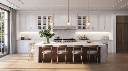 a beautiful white kitchen in a new luxury home, a large island, pendant lights, and wood floors, the composition in a minimalist, modern style.