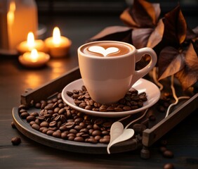 Fototapeta premium Coffee cup with heart shape on the table with coffee beans and candles. Generative AI.
