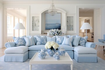 blue pattern pillows on striped sofa with table in living room at home