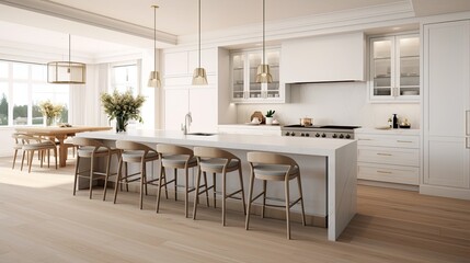 a beautiful white kitchen in a new luxury home, a large island, pendant lights, and wood floors, the composition in a minimalist, modern style.
