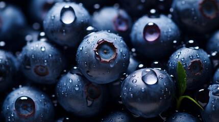 Fresh blueberries group with seamless background, decorated with glistening droplets of water. Shot top down view. Healthy and beautiful food photography for a magazine and commercial advertising.  - obrazy, fototapety, plakaty